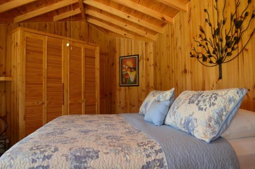 a bedroom with a bed in a wooden cabin at Villarreal Lodge Hotel Ecológico in Totolapan