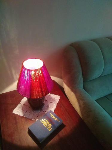a red lamp on a table next to a couch at "Ботанический сад" Тихий район Квартира in Almaty