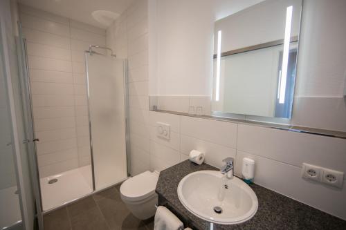 a bathroom with a sink and a toilet and a mirror at Altes Landhaus in Lingen