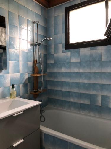 bagno con vasca, lavandino e doccia di Cottage à Cabourg a Cabourg