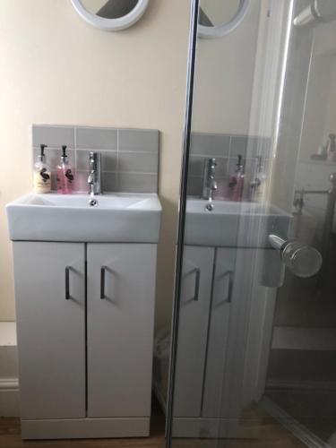 a bathroom with a white sink and a shower at Worthing Rest in Worthing