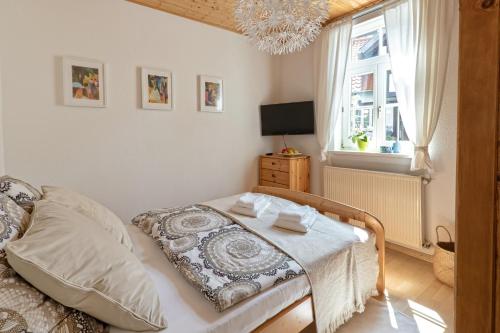 1 dormitorio con cama y ventana en An der Gose - Gästezimmer & Appartement, en Goslar