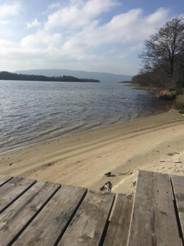 a sandy beach with a view of a body of water at Executive Lakeside Lodge at Mullans Bay in Kesh