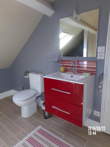 une salle de bain avec toilettes, lavabo et miroir dans l'établissement Le Troglo des Renaudières, à Azay-le-Rideau