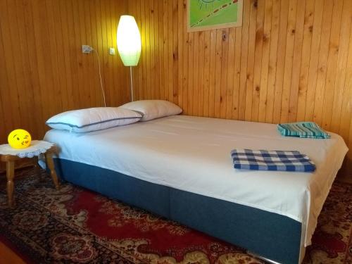 Cama grande en habitación con lámpara en MERIKOTKA - a cozy wooden cottage, sLOVEnia, en Braslovče