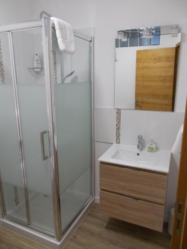 une salle de bain avec douche et lavabo dans l'établissement La Maison Lydia, à Moissac