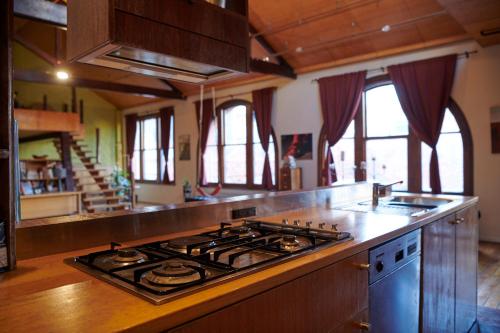 een kookplaat in een keuken met ramen bij Central City Warehouse Apartment in Melbourne