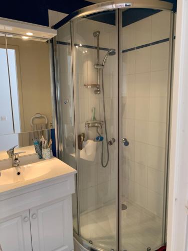a bathroom with a glass shower with a sink at Rez de jardin CABOURG in Cabourg