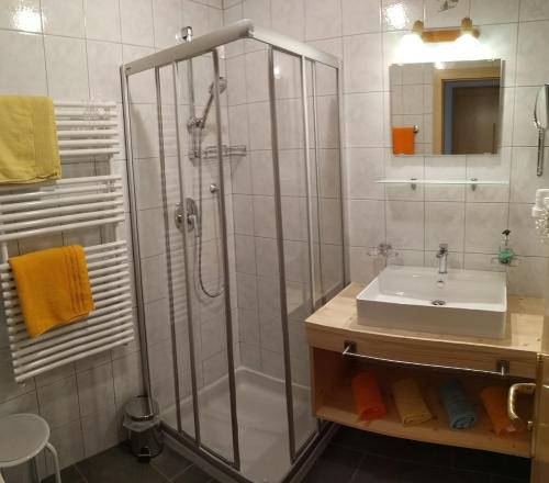 a bathroom with a shower and a sink at Apart Almrausch in Nauders