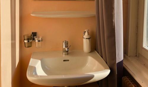a white sink in a bathroom with a window at Auberge Pour Tous in Vallorbe