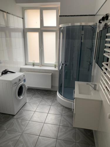 a bathroom with a washing machine and a shower at Apartament Równa 12 in Kielce
