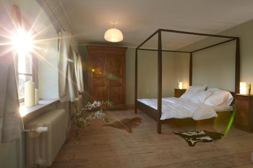 a bedroom with a canopy bed with a mirror at Gutshaus Lexow in Lexow