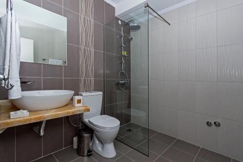 uma casa de banho com um WC, um lavatório e um chuveiro em Green Space Hotel em Ohrid