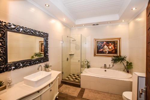 een badkamer met een bad, een wastafel en een spiegel bij The Aloes in Nelspruit