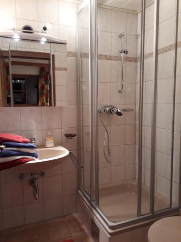 a bathroom with a shower and a sink at Haus Morgensonne in Pettneu am Arlberg