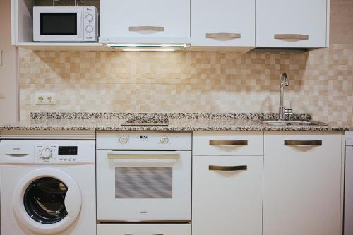 a kitchen with a washing machine and a microwave at Apartamentos Ducay in Olite