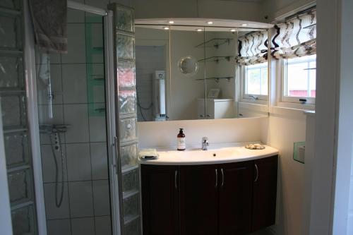 a bathroom with a sink and a shower with a mirror at Tinabua Rorbu Lofoten in Stamsund