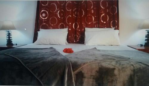 a bedroom with a large bed with a red headboard at Destination Self-Catering in Grand'Anse Praslin