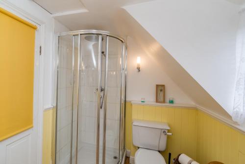 a bathroom with a toilet and a glass shower at Yew Tree Cottage in Moulsoe