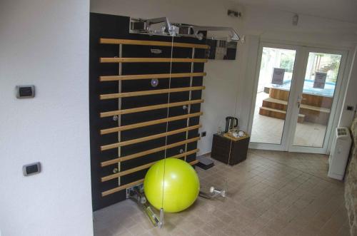a room with a gym with a green ball on the floor at Villetta Glicine in Brentonico