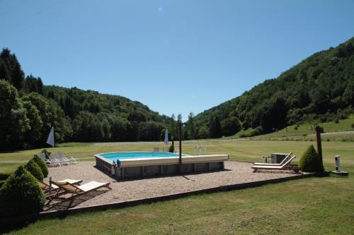 a swimming pool in the middle of a field with a mountain at Moulin des Borderies in Singles