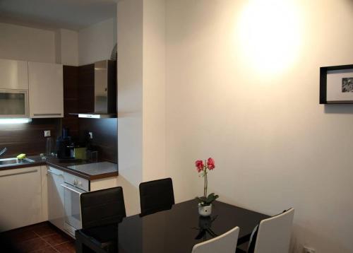 a kitchen with a table and chairs and a kitchen with a counter at River View Nis - 65 square meters Designer Apartment in heart of city Park for free in Niš