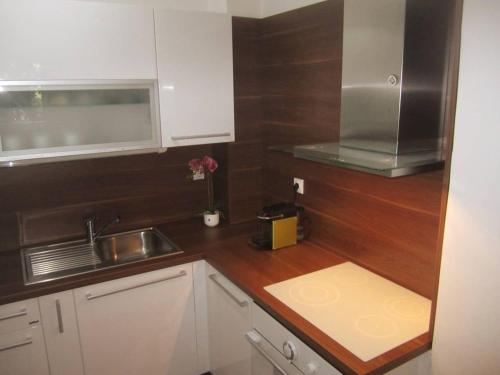 a kitchen with a sink and a counter top at River View Nis - 65 square meters Designer Apartment in heart of city Park for free in Niš