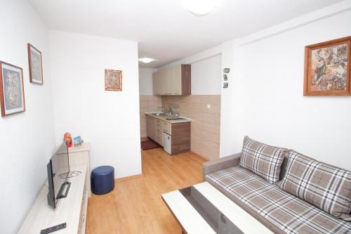 a living room with a couch and a kitchen at Apartmani Mishe in Vevčani