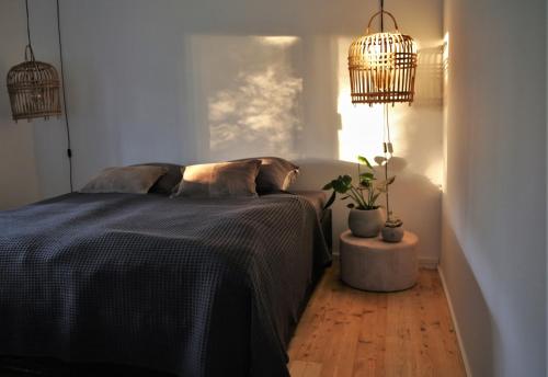 a bedroom with a bed and a potted plant at N8Quartier Chalet in Bad Münstereifel