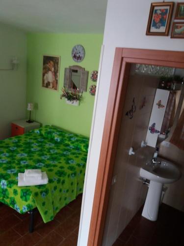 a bedroom with a green bed and a sink at Villa Carolina in Fara San Martino