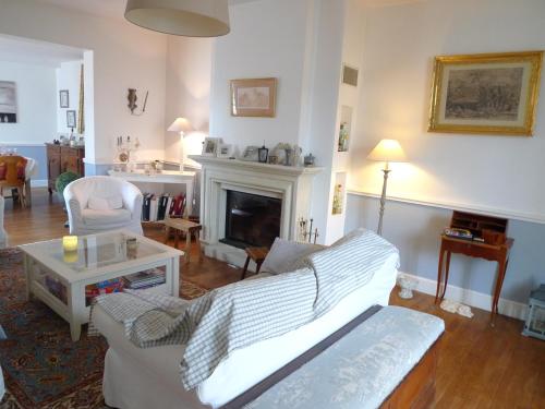 a living room with a couch and a fireplace at La douceur Saumuroise avec petit déjeuner in Saumur