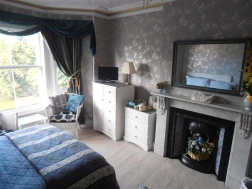 a bedroom with a bed and a fireplace with a mirror at Riverside Guest House in Morpeth