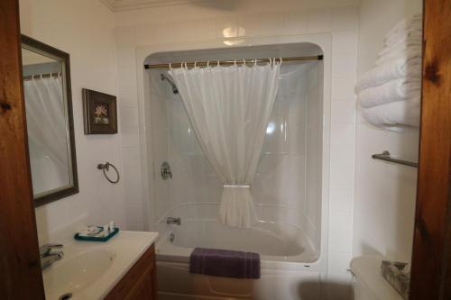 a bathroom with a tub and a sink and a shower at Codroy Valley Cottage Country 