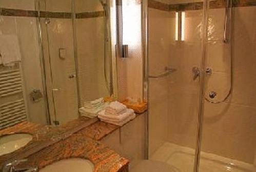 a bathroom with a shower and a sink and a toilet at Hotel zur Krone in Auggen
