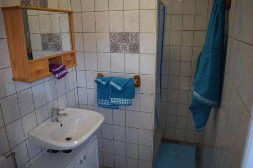 W łazience znajduje się umywalka oraz prysznic z lustrem. w obiekcie Les Locations de Stéphanie ,Gite Le Verger w mieście Sondernach