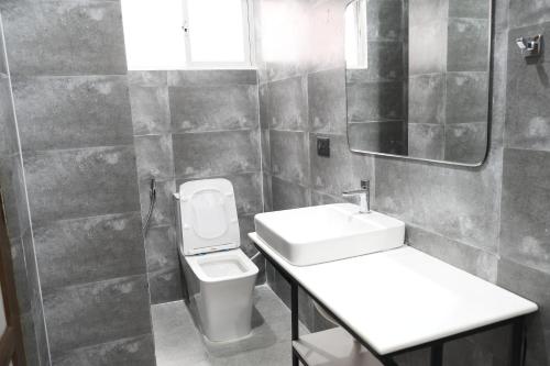 a bathroom with a sink and a toilet and a mirror at Magen Homestay in Imphal