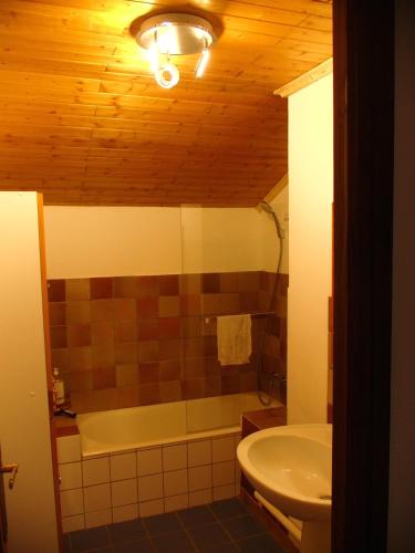 une salle de bain avec une baignoire, des toilettes et un lavabo dans l'établissement Abeille Saint Michel, à Marthod