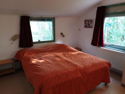 ein Schlafzimmer mit einem Bett und zwei Fenstern in der Unterkunft Vakantiebungalow Oase in Exloo