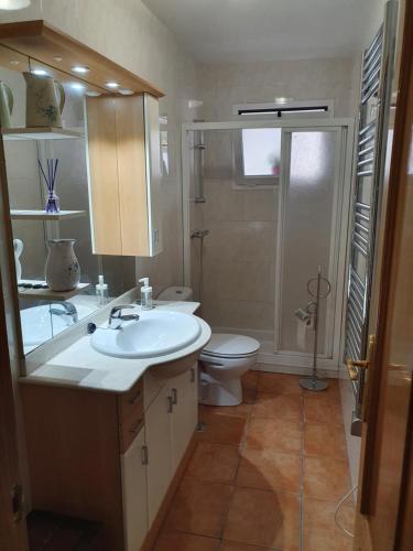 a bathroom with a white sink and a toilet at La Casa De La Puebla in La Puebla de Montalbán