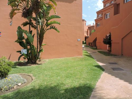 a small palm tree next to a building at Urbanización Manilva Beach 21 in Manilva