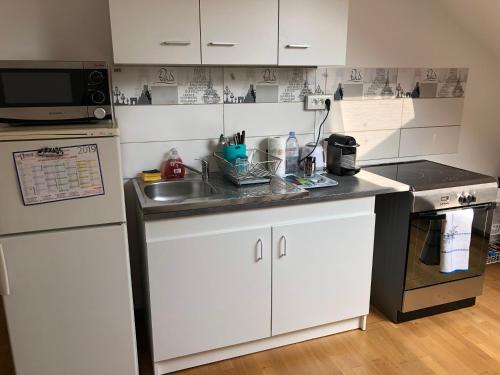 une petite cuisine avec un évier et un réfrigérateur dans l'établissement Appartement indépendant chez l'habitant, à Bezons