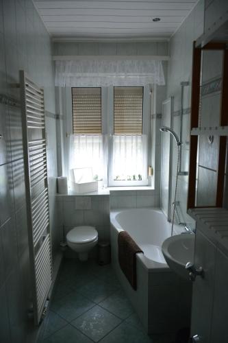 ein Badezimmer mit einer Badewanne, einem WC und einem Waschbecken in der Unterkunft FeWo CUB in Pirna