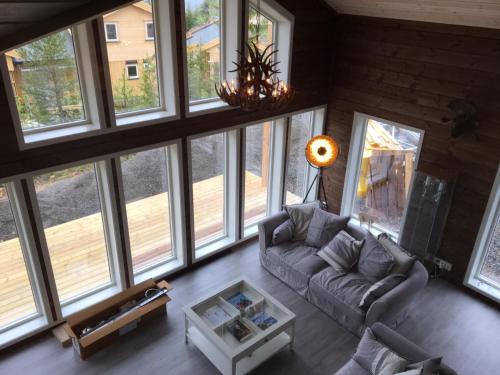 an overhead view of a living room with large windows at Lillebjørn in Trysil