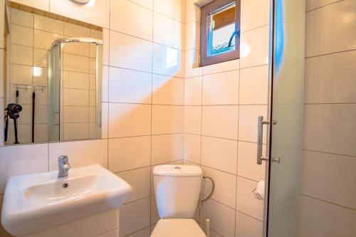 La salle de bains est pourvue de toilettes, d'un lavabo et d'un miroir. dans l'établissement Słoneczna Polana, à Mielno