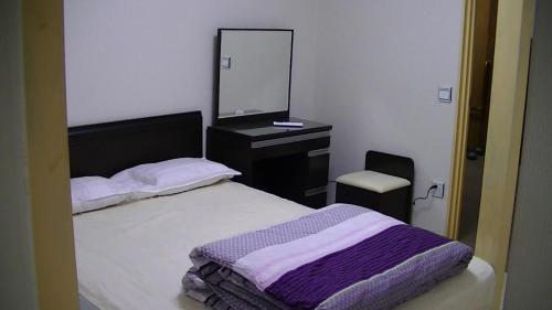 a bedroom with a bed with a dresser and a mirror at Minshuku Chatamago in Nagasaki