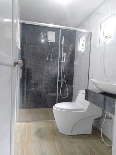 a bathroom with a shower and a toilet and a sink at NVH3 Coron Palawan in Coron