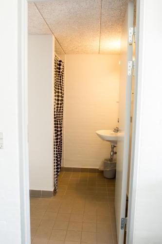 a bathroom with a sink and a toilet and a shower at Pulzion - Sportshotel in Kolding