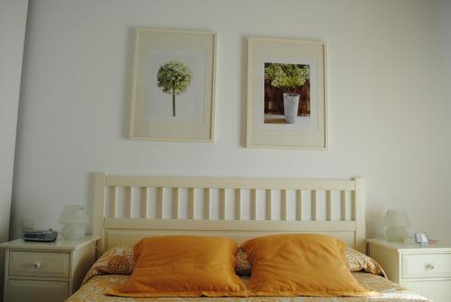 リンコン・デ・ラ・ビクトリアにあるNuevo Rincónのベッド1台(オレンジ色の枕2つ、壁に絵2枚付)
