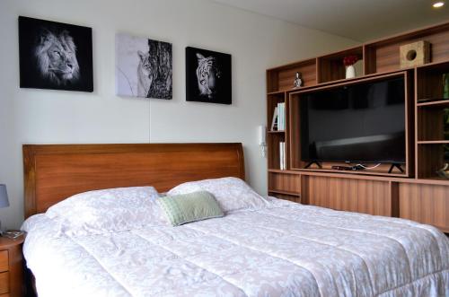 sypialnia z łóżkiem i telewizorem z płaskim ekranem w obiekcie Loft Cool in Equilibrium w mieście Bogota