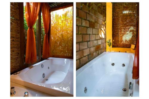 two pictures of a bath tub in a bathroom at Casa Ka in Maresias